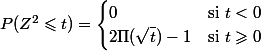 P(Z^2\leqslant t)=\begin{cases} 0&\text{si } t<0\\2\Pi(\sqrt{t})-1&\text{si } t\geqslant0\end{cases}